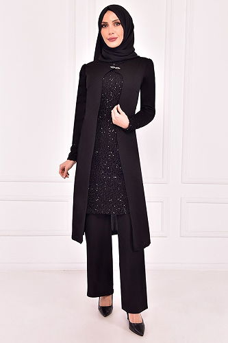 moda selvim Sequin Detailed Double Set ASM2180-M Black - Thumbnail