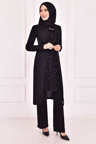 moda selvim Sequin Detailed Double Set ASM2180-M Black - Thumbnail