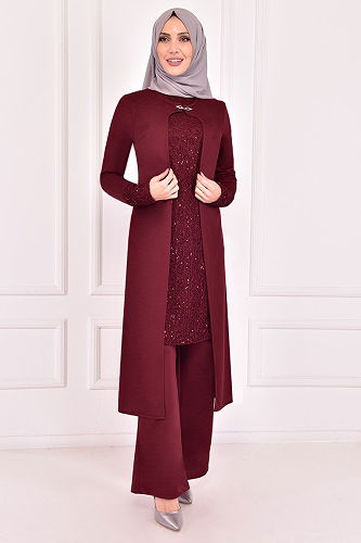 moda selvim Sequin Detailed Double Set ASM2180-M Burgundy - Thumbnail