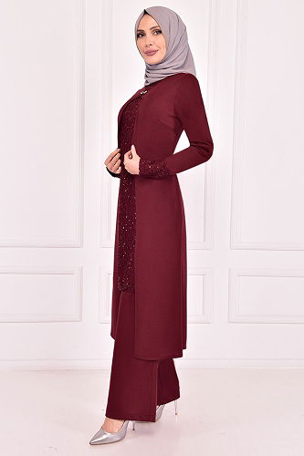 moda selvim Sequin Detailed Double Set ASM2180-M Burgundy - Thumbnail