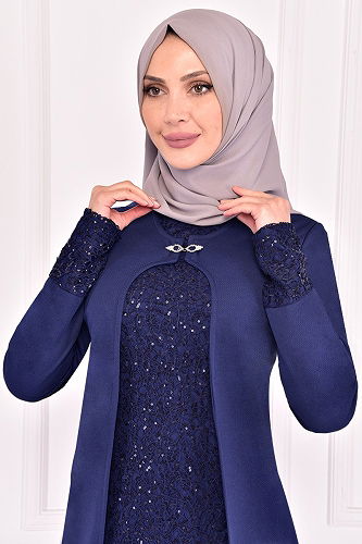 moda selvim Sequin Detailed Double Set ASM2180-M Indigo - Thumbnail