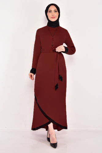 MRV A.S.M. - Sequin Detailed Evening Dress ASM2601-M Burgundy