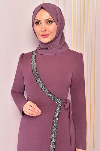 moda selvim Sequin Detailed Hijab Dress ASM2567-M Rose Dry - Thumbnail