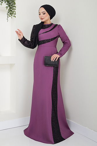 moda selvim Sequin Detailed Hijab Evening Dress ASM2710-M Lilac - Thumbnail