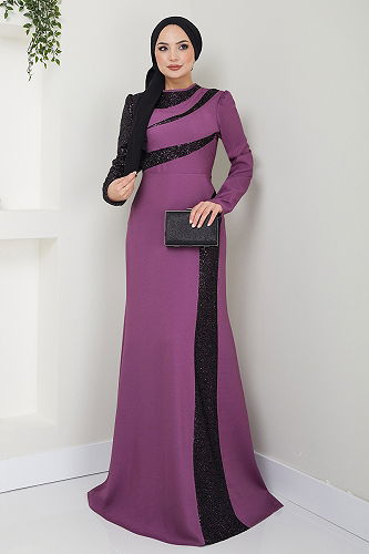 moda selvim Sequin Detailed Hijab Evening Dress ASM2710-M Lilac - Thumbnail