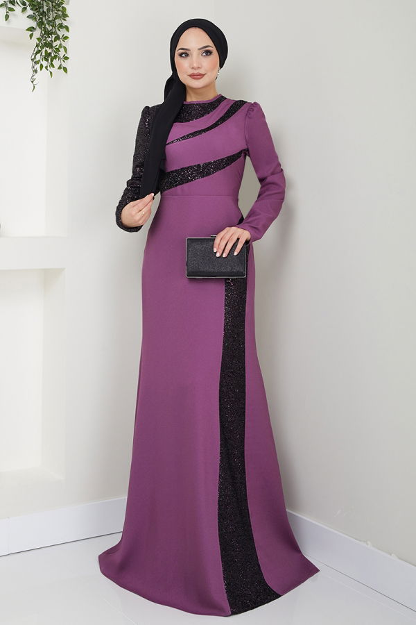 Modaselvim EVENING DRESSES Sequin Detailed Hijab Evening Dress ASM2710-M Lilac