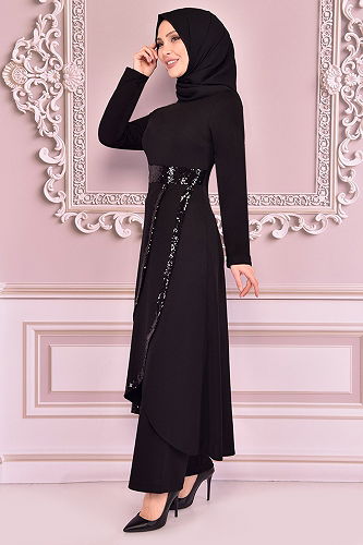 moda selvim Sequin Detailed Hijab Suit ASM7031-M Black - Thumbnail