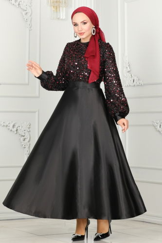 A.S.M. - Sequin Detailed Satin Evening Dress ASM2537 Black & Burgundy