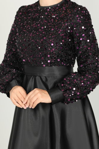 moda selvim Sequin Detailed Satin Evening Dress ASM2537 Black & Purple - Thumbnail