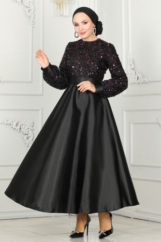 A.S.M. - Sequin Detailed Satin Evening Dress ASM2537 Black & Purple