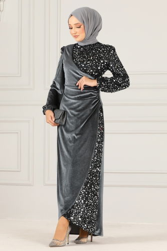 moda selvim Sequin Detailed Velvet Evening Dress ASM2638-1 Anthracite - Thumbnail