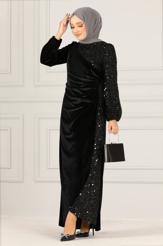 moda selvim Sequin Detailed Velvet Evening Dress ASM2638-1 Black - Thumbnail