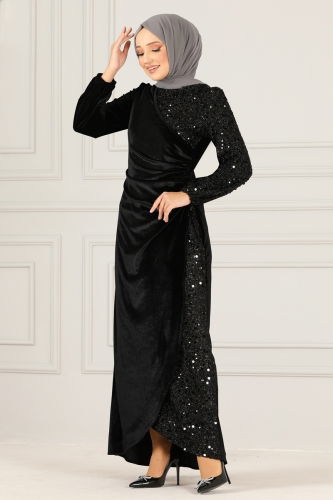 moda selvim Sequin Detailed Velvet Evening Dress ASM2638-1 Black - Thumbnail