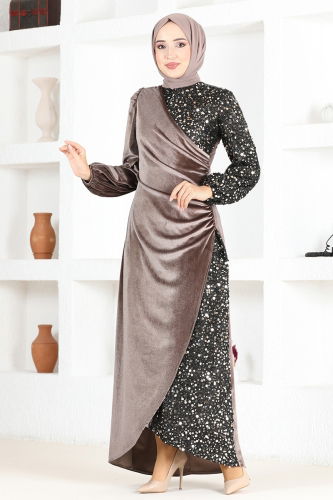 moda selvim Sequin Detailed Velvet Evening Dress ASM2638-1 Brown - Thumbnail