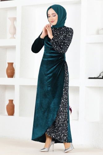 moda selvim Sequin Detailed Velvet Evening Dress ASM2638-1 Emerald - Thumbnail