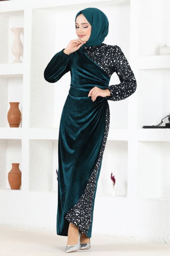 moda selvim Sequin Detailed Velvet Evening Dress ASM2638-1 Emerald - Thumbnail