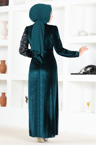 moda selvim Sequin Detailed Velvet Evening Dress ASM2638-1 Emerald - Thumbnail