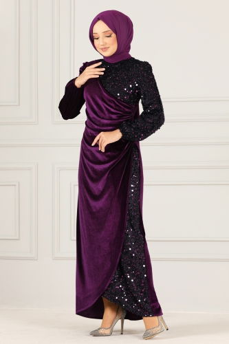 moda selvim Sequin Detailed Velvet Evening Dress ASM2638-1 Purple - Thumbnail