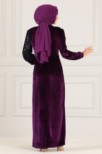 moda selvim Sequin Detailed Velvet Evening Dress ASM2638-1 Purple - Thumbnail