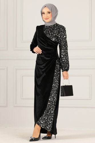 moda selvim Sequin Detailed Velvet Evening Dress ASM2638-1 Silver - Thumbnail