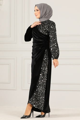 moda selvim Sequin Detailed Velvet Evening Dress ASM2638-1 Silver - Thumbnail