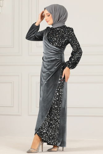 MRV A.S.M. - Sequin Detailed Velvet Evening Dress ASM2638-M Anthracite