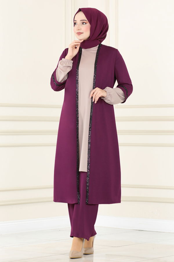 Modaselvim Hijab Combinations Sequin Double Set ASM2670-M Mürdüm