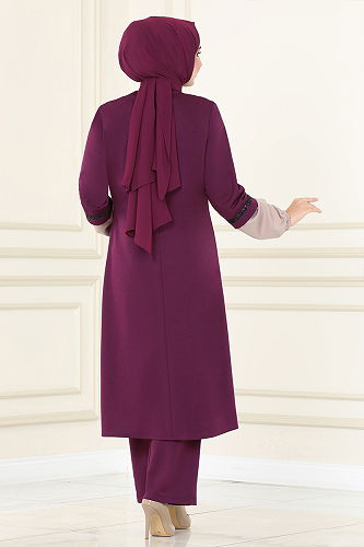 moda selvim Sequin Double Set ASM2670-M Mürdüm - Thumbnail