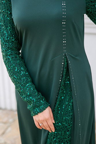 moda selvim Sequin Embroidered Evening Dress ASM2546-M Emerald - Thumbnail