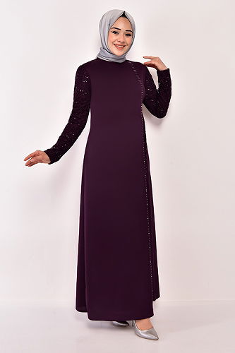 moda selvim Sequin Embroidered Evening Dress ASM2546-M Purplish - Thumbnail