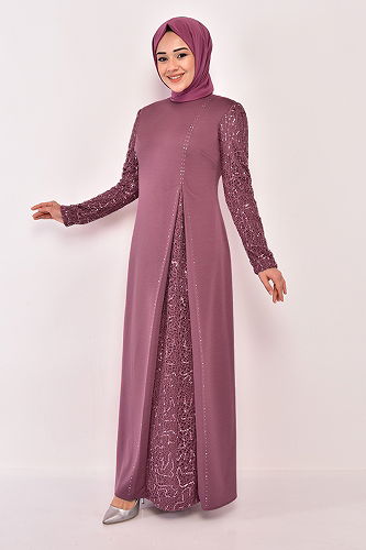 moda selvim Sequin Embroidered Evening Dress ASM2546-M Rose Dry - Thumbnail