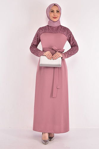 moda selvim Sequin Embroidered Evening Dress ASM2629-M Rose Dry - Thumbnail