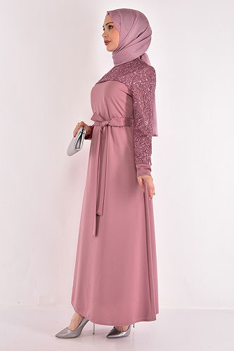 moda selvim Sequin Embroidered Evening Dress ASM2629-M Rose Dry - Thumbnail