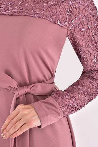 moda selvim Sequin Embroidered Evening Dress ASM2629-M Rose Dry - Thumbnail