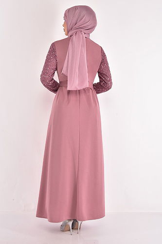 moda selvim Sequin Embroidered Evening Dress ASM2629-M Rose Dry - Thumbnail
