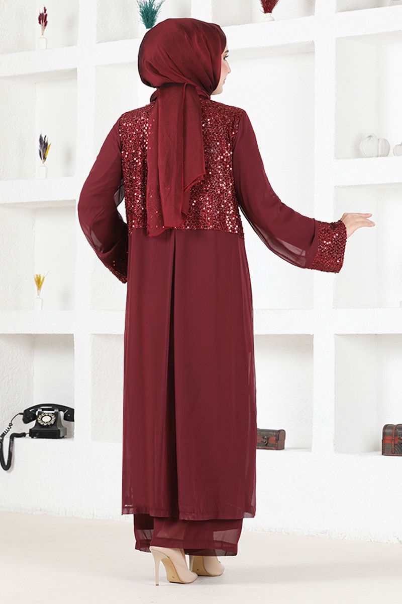 Sequin Triple Hijab Suit MNK2497 Burgundy - Moda Selvim