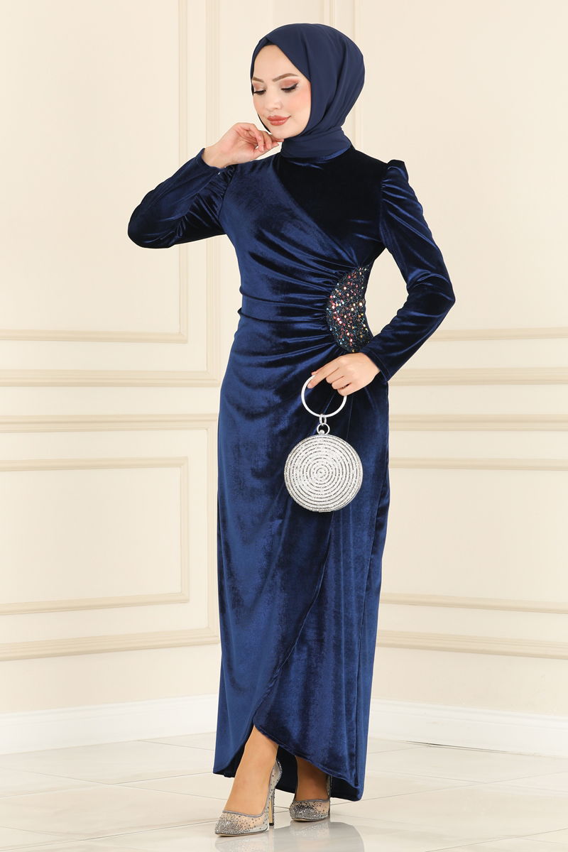 Sequin Detailed Hijab Evening Dress ASM2627 1 Navy Blue Moda Selvim