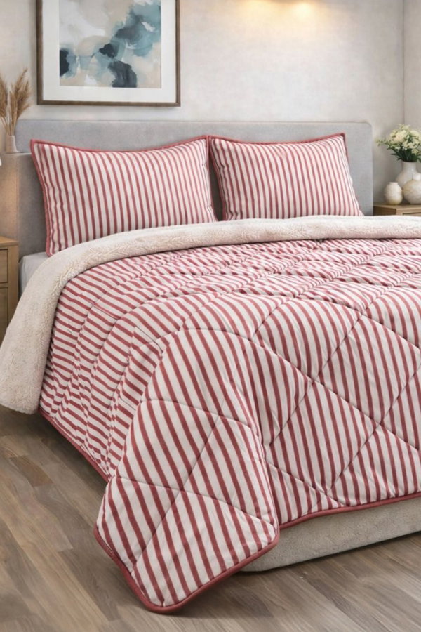 Modaselvim EV YAŞAM Şerit Çizgili Yorgan Takımı 1003HB1195 Ekru&Gül Kurusu