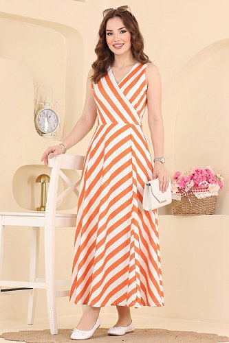 moda selvim Şerit Desenli Şık Elbise 4668JNT1202 Oranj - Thumbnail