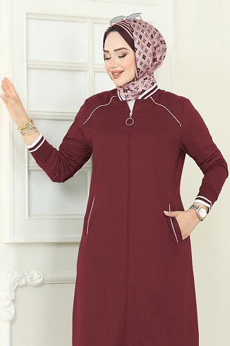 moda selvim Şerit Detay Tesettür Takım 9161PLK541 Bordo - Thumbnail