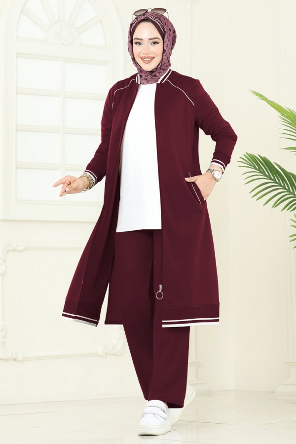 Modaselvim Kombin Şerit Detay Tesettür Takım 9161PLK541 Bordo