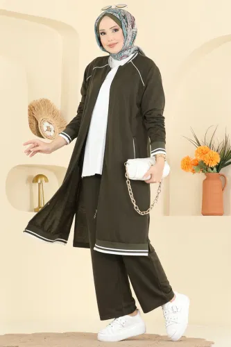 P.L.K. - Şerit Detay Tesettür Takım 9161PLK541 Haki