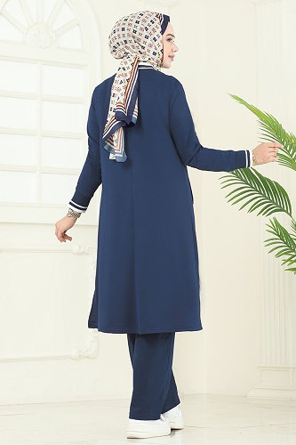 moda selvim Şerit Detay Tesettür Takım 9161PLK541 İndigo - Thumbnail