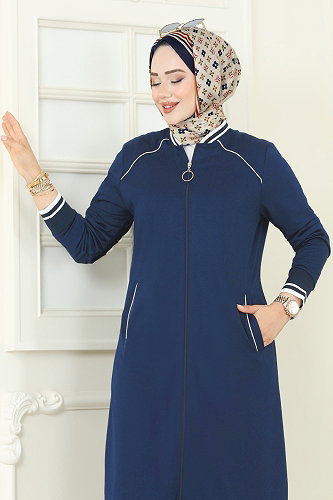 moda selvim Şerit Detay Tesettür Takım 9161PLK541 İndigo - Thumbnail