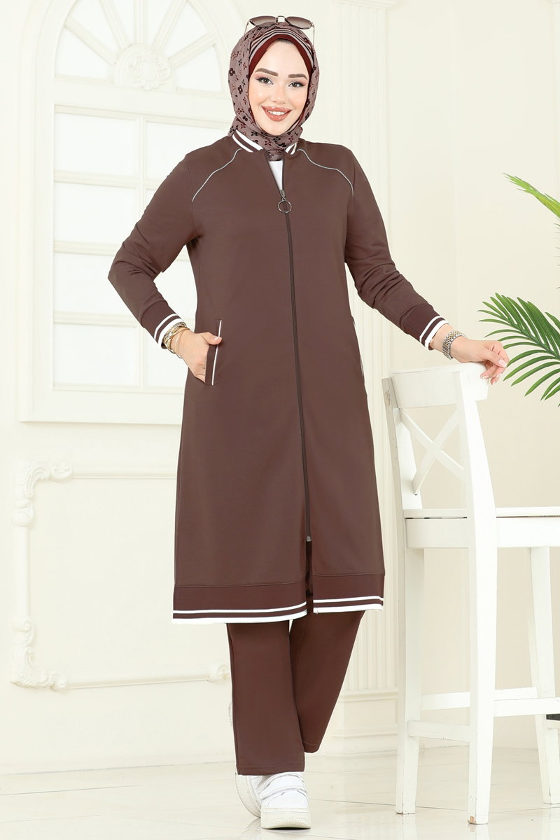 Şerit Detay Tesettür Takım 9161PLK541 Kahve
