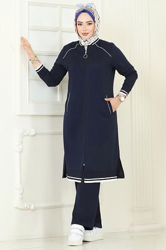 moda selvim Şerit Detay Tesettür Takım 9161PLK541 Koyu Laci - Thumbnail