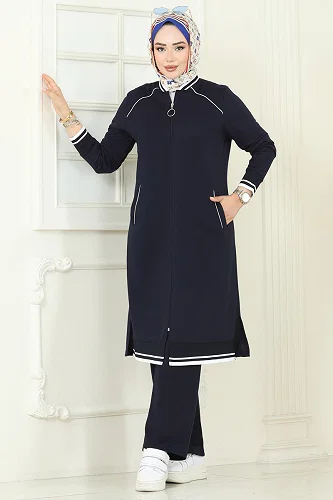 moda selvim Şerit Detay Tesettür Takım 9161PLK541 Koyu Laci - Thumbnail