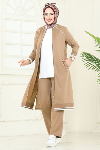 moda selvim Şerit Detay Tesettür Takım 9161PLK541 Latte - Thumbnail