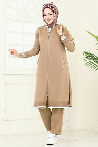 moda selvim Şerit Detay Tesettür Takım 9161PLK541 Latte - Thumbnail