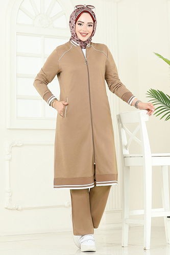 moda selvim Şerit Detay Tesettür Takım 9161PLK541 Latte - Thumbnail